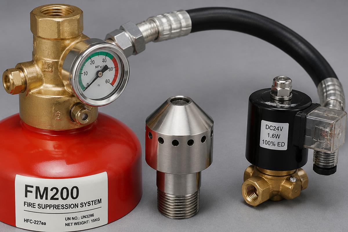 Komponen FM200: container valve, pressure gauge, discharge nozzle, solenoid dan flexible hose